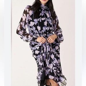 O.P.T Purple‎ floral High Neck Smock Midi Flowy Dress Size XS
